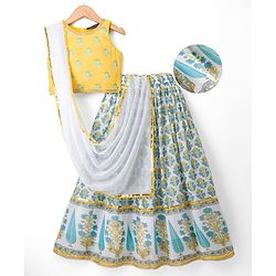 Pine Kids Woven Sleeveless Lehenga Choli Set With Floral Print & Dupatta - White