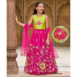 Pine Kids Viscose Woven Sleeveless Choli Lehenga Set with Dupatta & Floral Embroidery - Light Green & Dark Pink
