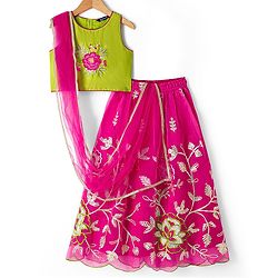 Pine Kids Viscose Woven Sleeveless Choli Lehenga Set with Dupatta & Floral Embroidery - Light Green & Dark Pink