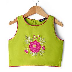 Pine Kids Viscose Woven Sleeveless Choli Lehenga Set with Dupatta & Floral Embroidery - Light Green & Dark Pink