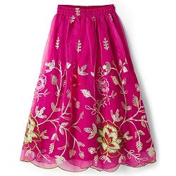 Pine Kids Viscose Woven Sleeveless Choli Lehenga Set with Dupatta & Floral Embroidery - Light Green & Dark Pink