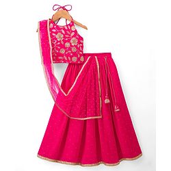 Pine Kids Woven Sleeveless Choli Lehenga Set Dupatta Floral Sequin Detailing - Dark Pink