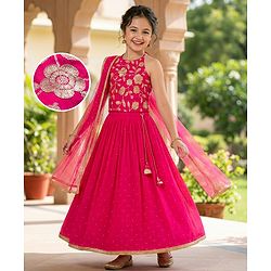 Pine Kids Woven Sleeveless Choli Lehenga Set Dupatta Floral Sequin Detailing - Dark Pink