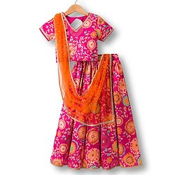 Pine Kids Woven Half Sleeves Lehenga Choli Set With Floral Print & Dupatta - Dark Pink