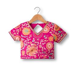 Pine Kids Woven Half Sleeves Lehenga Choli Set With Floral Print & Dupatta - Dark Pink