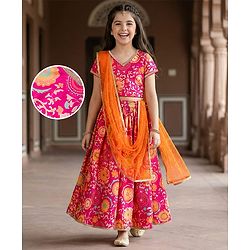 Pine Kids Woven Half Sleeves Lehenga Choli Set With Floral Print & Dupatta - Dark Pink