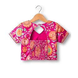 Pine Kids Woven Half Sleeves Lehenga Choli Set With Floral Print & Dupatta - Dark Pink