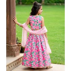 Pine Kids Woven Sleeveless Floral Printed Choli Lehenga Set With Dupatta - Multicolour