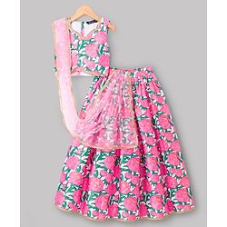 Pine Kids Woven Sleeveless Floral Printed Choli Lehenga Set With Dupatta - Multicolour