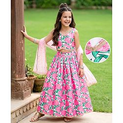 Pine Kids Woven Sleeveless Floral Printed Choli Lehenga Set With Dupatta - Multicolour