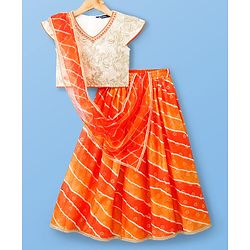 Pine Kids Woven Half Sleeves Lehenga Choli Set With Floral Embroidery & Dupatta - White & Orange