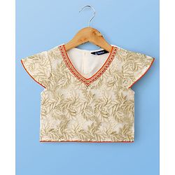 Pine Kids Woven Half Sleeves Lehenga Choli Set With Floral Embroidery & Dupatta - White & Orange