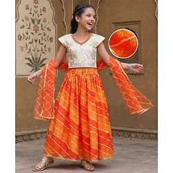 Pine Kids Woven Half Sleeves Lehenga Choli Set With Floral Embroidery & Dupatta - White & Orange