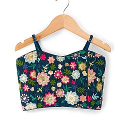 Pine Kids Woven Sleeveless Floral Embroidered Choli Lehenga Set with Sequin & Lace Detailing - Navy Blue