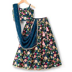 Pine Kids Woven Sleeveless Floral Embroidered Choli Lehenga Set with Sequin & Lace Detailing - Navy Blue