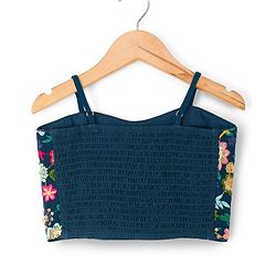 Pine Kids Woven Sleeveless Floral Embroidered Choli Lehenga Set with Sequin & Lace Detailing - Navy Blue