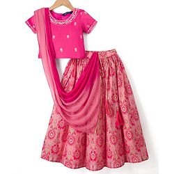 Pine Kids Woven Half Sleeves Floral Printed & Embroidered Choli Lehenga Set with Dupatta - Pink