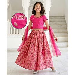 Pine Kids Woven Half Sleeves Floral Printed & Embroidered Choli Lehenga Set with Dupatta - Pink