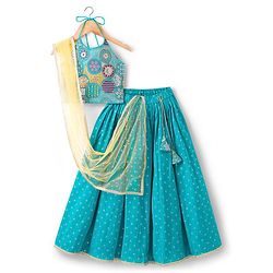 Pine Kids Woven Sleeveless Lehenga Choli Set With Sequin Detailing & Dupatta - Teal Blue