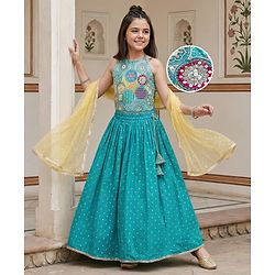 Pine Kids Woven Sleeveless Lehenga Choli Set With Sequin Detailing & Dupatta - Teal Blue