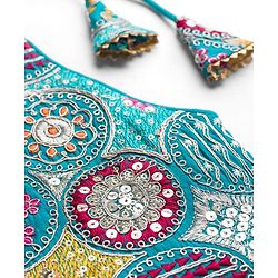 Pine Kids Woven Sleeveless Lehenga Choli Set With Sequin Detailing & Dupatta - Teal Blue