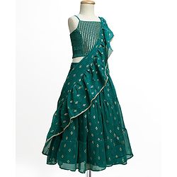 Pine Kids Woven Sleeveless Choli Lehenga Set with Dupatta Embroidery & Sequin Detailing - Teal Blue