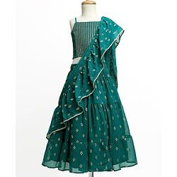 Pine Kids Woven Sleeveless Choli Lehenga Set with Dupatta Embroidery & Sequin Detailing - Teal Blue