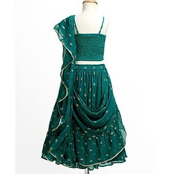 Pine Kids Woven Sleeveless Choli Lehenga Set with Dupatta Embroidery & Sequin Detailing - Teal Blue