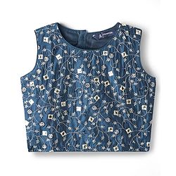 Pine Kids Woven Sleeveless Lehenga Choli Set With Floral Embroidery & Dupatta - Navy Blue
