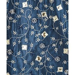 Pine Kids Woven Sleeveless Lehenga Choli Set With Floral Embroidery & Dupatta - Navy Blue