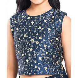 Pine Kids Woven Sleeveless Lehenga Choli Set With Floral Embroidery & Dupatta - Navy Blue