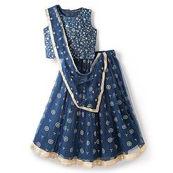 Pine Kids Woven Sleeveless Lehenga Choli Set With Floral Embroidery & Dupatta - Navy Blue