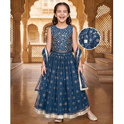 Pine Kids Woven Sleeveless Lehenga Choli Set With Floral Embroidery & Dupatta - Navy Blue
