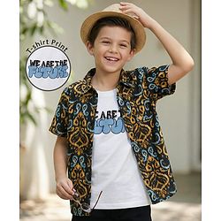 Pine Kids Viscose Woven Half Sleeves Printed Shirt With Tank T-Shirt - Multicolour