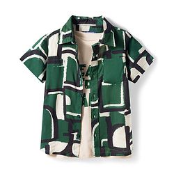 Pine Kids Woven Half Sleeves Abstract Printed Shirt With Inner Tee - Green & Off White