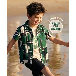 Pine Kids Woven Half Sleeves Abstract Printed Shirt With Inner Tee - Green & Off White