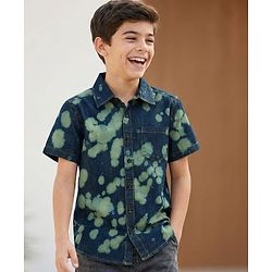 Pine Kids Denim Woven Half Sleeves Printed Shirt - Navy Blue