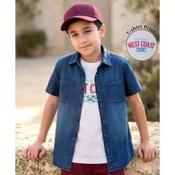 Pine Kids Woven Half Sleeves Solid Denim Shirt With Printed Inner Tee - Navy Blue