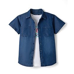 Pine Kids Woven Half Sleeves Solid Denim Shirt With Printed Inner Tee - Navy Blue