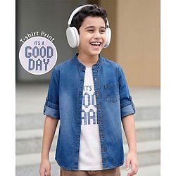Pine Kids Denim Woven Full Sleeves Solid Color Denim Shirt with Inner Tee - Light Blue