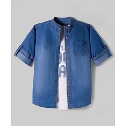 Pine Kids Denim Woven Full Sleeves Solid Color Denim Shirt with Inner Tee - Light Blue