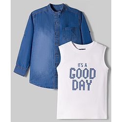 Pine Kids Denim Woven Full Sleeves Solid Color Denim Shirt with Inner Tee - Light Blue