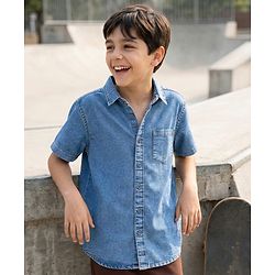 Pine Kids Denim Woven Half Sleeves Solid Color Shirt - Light Blue