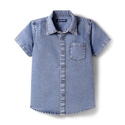 Pine Kids Denim Woven Half Sleeves Solid Color Shirt - Light Blue