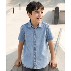 Pine Kids Denim Woven Half Sleeves Solid Color Shirt - Light Blue