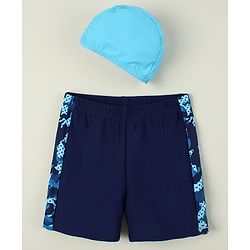 Pine Kids Abstract Printed Swimming Trunk With Cap - Navy Blue