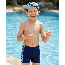 Pine Kids Abstract Printed Swimming Trunk With Cap - Navy Blue
