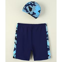 Pine Kids Abstract Printed Swimming Trunk With Cap - Navy Blue