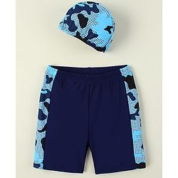 Pine Kids Abstract Printed Swimming Trunk With Cap - Navy Blue