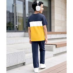 Pine Kids Cotton Knit Half Sleeves Cut & Sew T-Shirt & Lounge Pant Set with Patch Detailing - Navy Blue & Gold